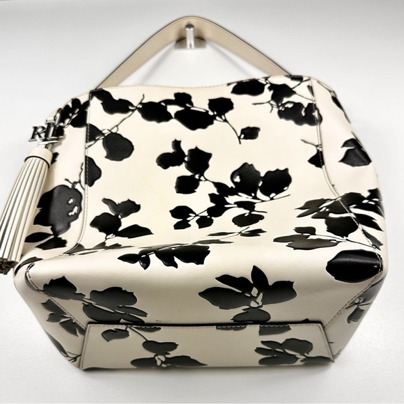 Lauren Ralph Lauren Adley Leather Shoulder Bag Floral White with Black Embossed - Picture 6 of 9